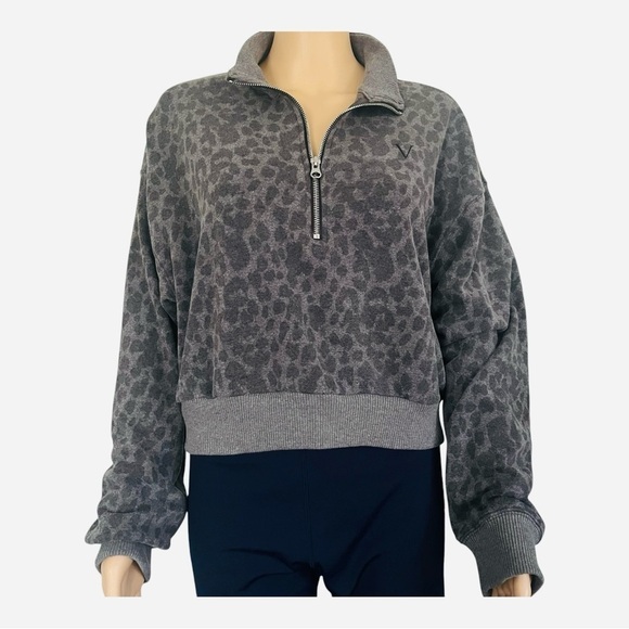 Victoria's Secret boxy cropped Gray Leopard Print Pullover half zipper Women L - Picture 3 of 12